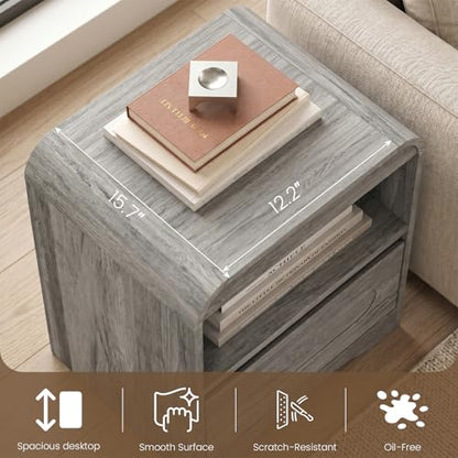 Wood Nightstand with Drawers, Curved Bedside Side End Table w/Open Storage | Hidden Handle, Modern Night Stands for Bedroom Sofa Couch Office, Grey