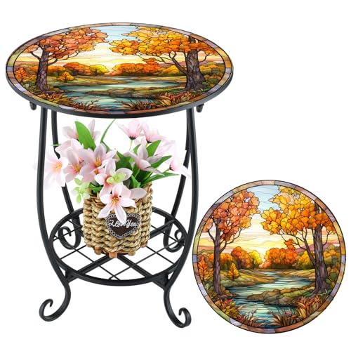 Cinnvoice Outdoor Side Table Round Small Mosaic Patio Accent Indoor End Plant Coffee Tea Table for Yard Patio Porch Garden Living Room, Bedroom(Fall Style,14 Inch) - size: 14 Inch, style: Fall Style