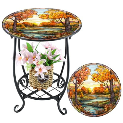 Cinnvoice Outdoor Side Table Round Small Mosaic Patio Accent Indoor End Plant Coffee Tea Table for Yard Patio Porch Garden Living Room, Bedroom(Fall Style,14 Inch) - size: 14 Inch, style: Fall Style