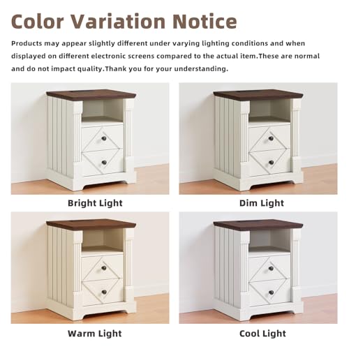 BuildHom 18" Farmhouse Nightstand Set of 2 with Charging Station,2 Interchangeable Drawers End Table, Roman Column Bedside Table with Open Shelf for Bedroom(Antique White) - color: Antique White - 2pcs