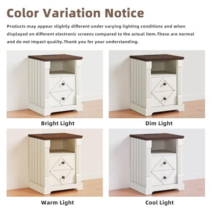 BuildHom 18" Farmhouse Nightstand Set of 2 with Charging Station,2 Interchangeable Drawers End Table, Roman Column Bedside Table with Open Shelf for Bedroom(Antique White) - color: Antique White - 2pcs