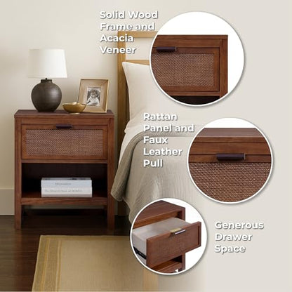 Teamson Home Hatteras 20" W Nightstand with 1 Deep Drawer and Open Shelf Storage in Coastal Modern Style, Ball Bearing Glides, Pine Wood Frames and MDF with Rattan, Walnut Finish | 1 Deep Drawer, Open Shelf Storage, Coastal Modern Style, Ball Bearing Glid
