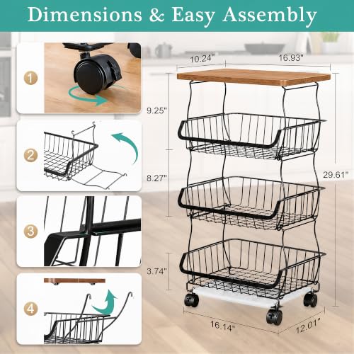VECELO 4-Tier Fruit Basket with Wheels, Fruit and Vegetable Storage Cart for Kithchen, Stackable Produce Organizer Wire Baskets for Kitchen, Pantry, Living Room - size: 4 Tiers