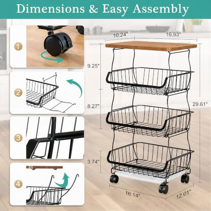 VECELO 4-Tier Fruit Basket with Wheels, Fruit and Vegetable Storage Cart for Kithchen, Stackable Produce Organizer Wire Baskets for Kitchen, Pantry, Living Room - size: 4 Tiers
