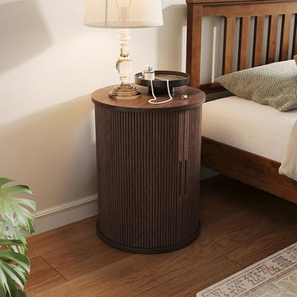 LINSY HOME Round Fluted End Table, Tall Side Table with Sliding Tambour Door and Storage Shelf, Modern Bedside Table, Mid-Century Nightstand for Living Room, Bedroom, Dark Walnut - color: Dark Walnut