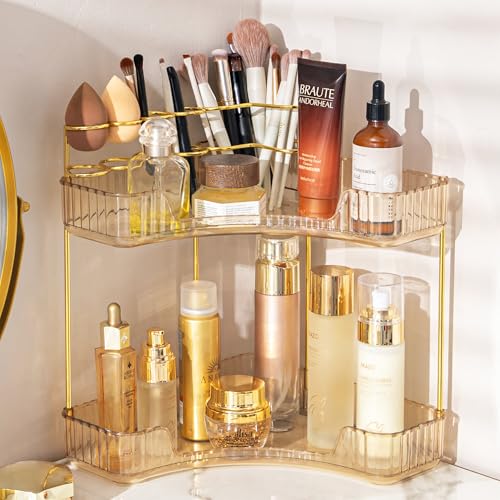 Upgraded 2-Tier Corner Bathroom Countertop Organizer – Spacious Storage for Makeup, Skincare & Perfumes, Built-in Brush Holder Fits Vanity/Dresser/Bsthtub (Vintage Gold) - color: Vintage Gold, size: Upgraded-2 Tier