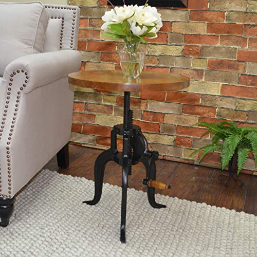 Carolina Chair & Table Adjustable Hand Crank 18" Wooden Top Rustic Side Table - Cast Iron Base Round Accent Table for Farmhouse, Living Room, or Bedroom (Chestnut/Black) - color: Chestnut/Black