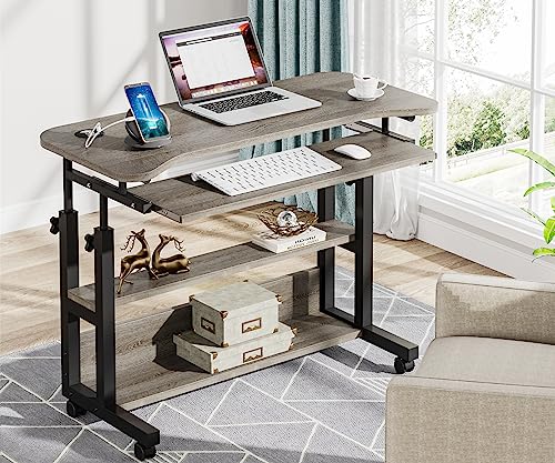 Tribesigns Portable Desk with Power Outlets, Height Adjustable Side Table Sofa Couch Bedside Laptop Computer Cart with USB Charging Ports, Mobile Small Standing Desk with Keyboard Tray - color: Grey