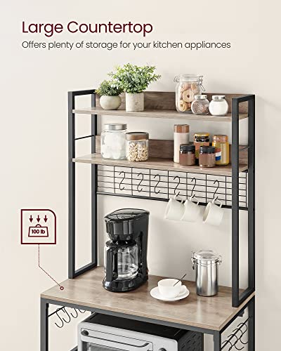 VASAGLE Bakers Rack with Power Outlet, Microwave Stand, Kitchen Tall Utility Storage Shelf, with Metal Wire Panel, 14 Hooks, 15.7 x 31.5 x 66.9 Inches, Heather Greige and Ink Black UKKS025B02 - color: Heather Greige + Ink Black, size: 31.5"W