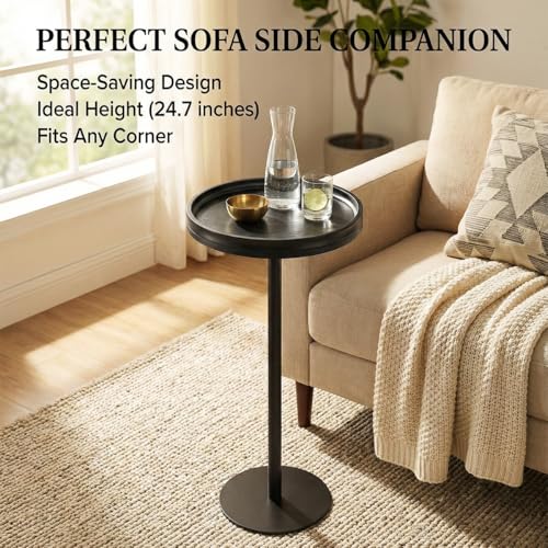 Black Industrial Martini Table,Round Drink Table,Modern Pedestal Side Table with Black Wood Grain Tray Top, Weighted Metal Base End Table for Living Room,Small Spaces,Next to Sofa, 24.7" Tall - color: Black