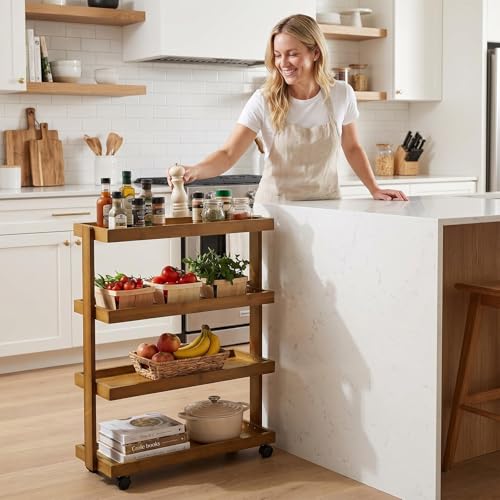 4-Tier Narrow Side Table with Wheels, Solid Wood Slim Rolling Storage Cart, Skinny End Table for Small Spaces, Moving Utility Shelf Organizer for Living Room, Bedroom, Kitchen, Bathroom