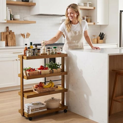4-Tier Narrow Side Table with Wheels, Solid Wood Slim Rolling Storage Cart, Skinny End Table for Small Spaces, Moving Utility Shelf Organizer for Living Room, Bedroom, Kitchen, Bathroom