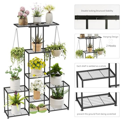 Plant Stand Indoor Outdoor, Metal 6 Tier Tall Hanging Plant Shelf for Multiple Flower Planter Large Heavy Duty Ladder Plant Holder for Garden, Black (y-202) - size: y-202