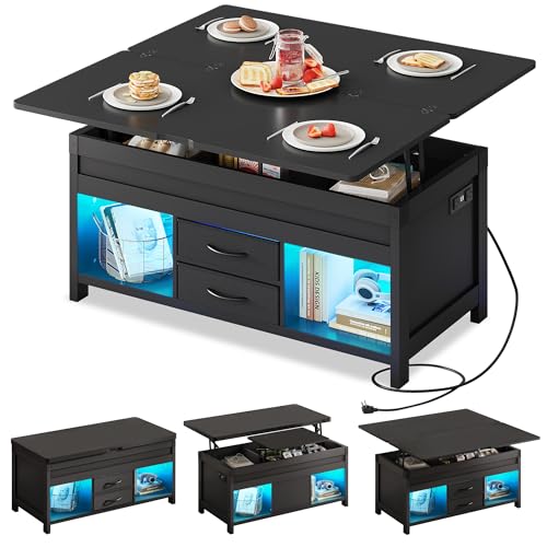 WLIVE 40" Lift Top Coffee Table, 4 in 1 Coffee Tables with Storage, 2 Fabric Drawers, LED Light and USB, Modern Coffee Table with Hidden Compartment for Living Room, Dining Room, Black - color: Black
