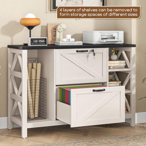 Halitaa 44" Lateral File Cabinet with Adjustable Shelves, Farmhouse 2 Drawer Filing Cabinet with Lock for Legal/A4/Letter, Wooden Printer Stand Office Furniture for Home Office, White and Black