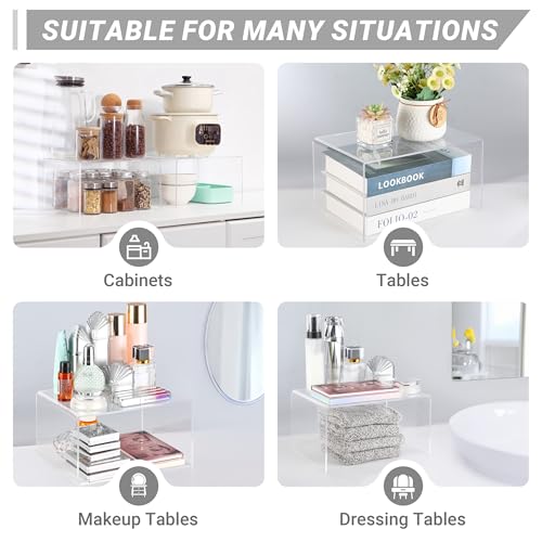 Clear Acrylic Cabinet Organizer Shelf 2Pcs, Stackable Cabinet Shelves, Dish Organizer for Cabinet, Kitchen Cabinet Organizer Riser, Pantry Cupboard Storage for Spice Bottles, Mugs, Small Plates & Jars