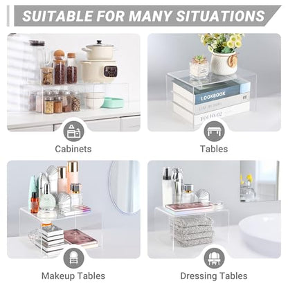 Clear Acrylic Cabinet Organizer Shelf 2Pcs, Stackable Cabinet Shelves, Dish Organizer for Cabinet, Kitchen Cabinet Organizer Riser, Pantry Cupboard Storage for Spice Bottles, Mugs, Small Plates & Jars