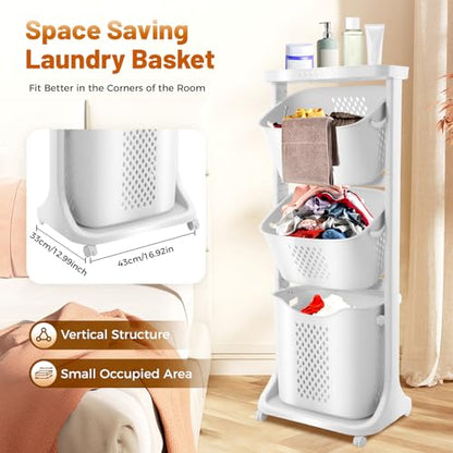 Rolling Laundry Basket with Wheels, 3-Tier Free Standing Laundry Hamper, Portable Storage Cart with 4 Wheels, Multi-Purpose Organizer for Bathroom Bedroom Living Room