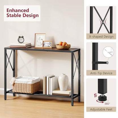 Console Table 41.8", 2 Tier Industrial Entryway Table with Shelves | Narrow Sofa Table with Stable X-Frame, Entrance Table for Entryway, Hallway, Living Room, Foyer, Office, Rustic Brown - color: Rustic Brown