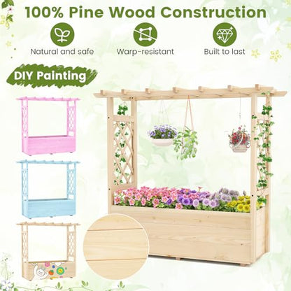 Giantex Raised Garden Bed with Sided Trellis & Hanging Roof, Wood Planter Box, Freestanding Garden Planter Raised Bed for Flowers Herbs Climbing Vines 45”x16”x41” (L x W x H) - color: Natural, size: 45”x16”x41”