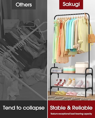 Sakugi Clothes Rack - 29.3" × 12.5" × 59.6" Clothing Rack and Shoe Rack with Anti-Slip Stopper, Large Capacity Rack with 2-Tier Shoe Organizer, Clothes Organizer for Bedroom, Entrance, Laundry, Black - color: Black
