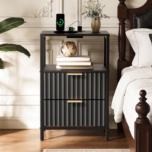 VINGLI Black Nightstands Set of 2 with Fabric Drawers, Fluted Nightstands with Charging Station, Night Stand Set of 2, Small Bedside Table, Bed Side Table/Night Stand with Charging Station for Bedroom - color: Black, size: 15"W-2 Drawer 1 Shelf