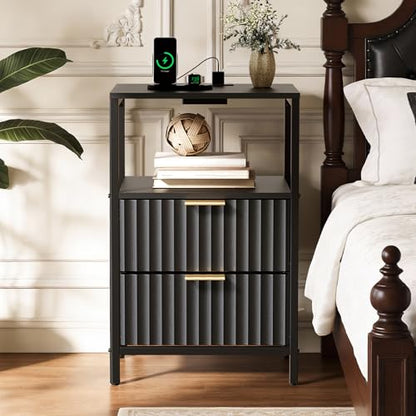 VINGLI Black Nightstands Set of 2 with Fabric Drawers, Fluted Nightstands with Charging Station, Night Stand Set of 2, Small Bedside Table, Bed Side Table/Night Stand with Charging Station for Bedroom - color: Black, size: 15"W-2 Drawer 1 Shelf