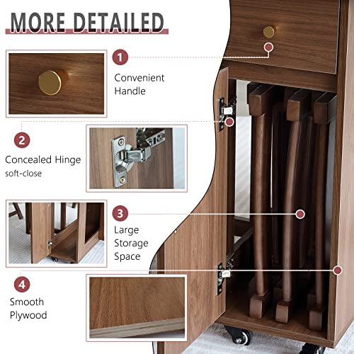 Drop Leaf Folding Dining Table with Storage, Wheels, Space Saving | Foldable Design, 18mm Thick Plywood, 300lbs Capacity, Locking Wheels, Farmhouse, for Living Room Kitchen Small Spaces, Walnut - color: Walnut