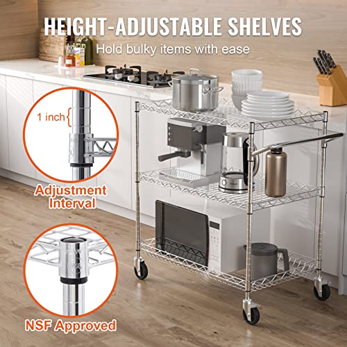 VEVOR Kitchen Utility Cart, 3 Tiers, Wire Rolling Table with 661 LBS Capacity, Steel Service Desk on Wheels, Metal Storage Trolley with 80 mm Deep Basket Curved Handle 6 Hooks - size: 18"D x 30"W x 32.4"H