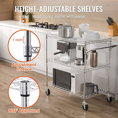 VEVOR Kitchen Utility Cart, 3 Tiers, Wire Rolling Table with 661 LBS Capacity, Steel Service Desk on Wheels, Metal Storage Trolley with 80 mm Deep Basket Curved Handle 6 Hooks - size: 18"D x 30"W x 32.4"H