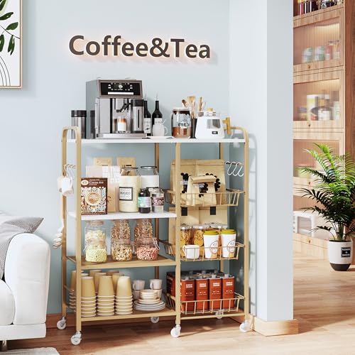 HapiRm Rolling Kitchen Microwave Cart - 4 Tier Microwave Table Stand with Pull-Out Baskets, Coffee Bar Baker's Rack with Wheels Rolling Storage Cart Organizer Shelf for Living Room Office, Balcony - color: Gold