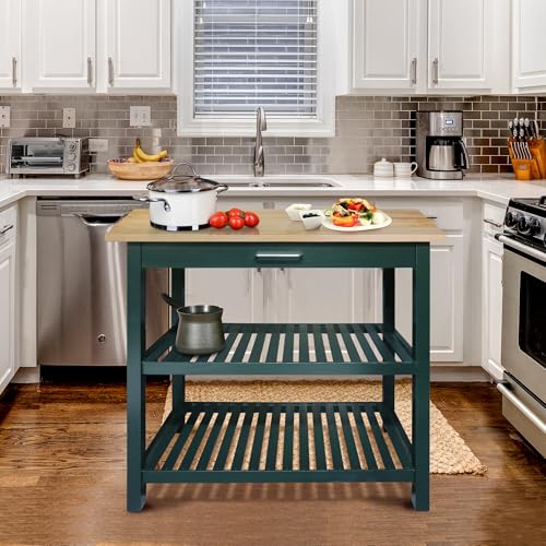Kitchen Island with Solid Wood Top, Natural/Hunter Green - color: Hunter Green