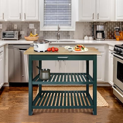 Kitchen Island with Solid Wood Top, Natural/Hunter Green - color: Hunter Green