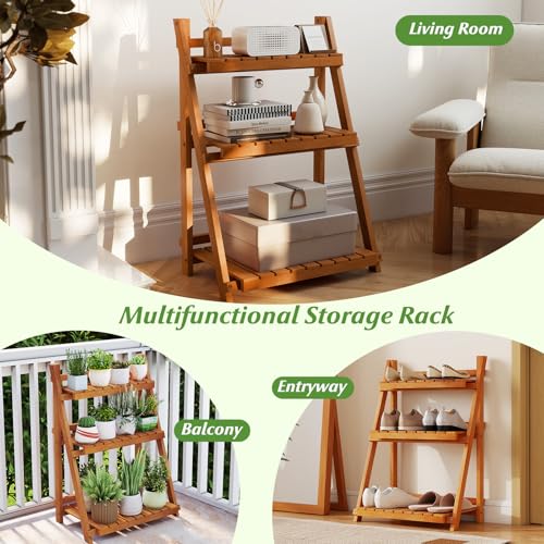 S AFSTAR 3-Tier Folding Plant Stand, Wood Ladder Flower Rack with Anti-falling Bars, Corner Storage Shelves for Book, Decorations, Potted Flower Stand Holder for Living Room, Balcony, Study, No Assembly