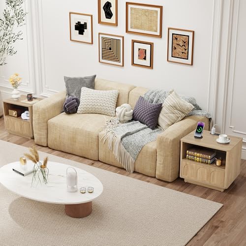 Small Nightstand Set of 2 with Charging Station, Accent Bedside Nightstand with Drawer, Mid Century Modern Bedroom Side Bed Table with Storage for Dorm, Living Room, Couch, Office - Natural - color: Natural