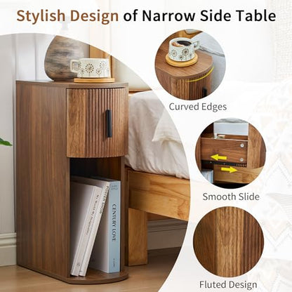 Janmer Home Fluted Narrow Nightstand for Bedroom, Curved Slim Storage End Table with Drawer, Side Table, Wooden Bedside Cabinet for Small Spaces, Walnut - color: Walnut