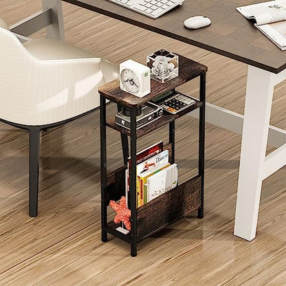 THUMEYE 7.1" Narrow Side Table for Small Spaces, 3 Tier Small End Table with Magazine Holder, Slim/Skinny Nightstand/Bedside Table for Living Room, Bedroom, 15.4" L x 24.2" H - color: Rustic Brown