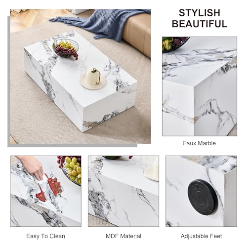 39" Rectangular Compact Coffee Table,Small Cube End Table,Modern Side Table with Stylish Faux Marble Pattern,Minimalist Accent Table for Living Room,Office,Apartment,Nightstand(White,39") - color: White,39"