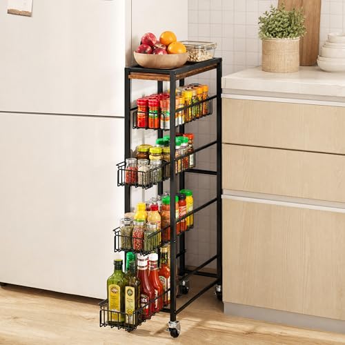 5-Tier Slim Rolling Cart Kitchen Utility Cart, Narrow Kitchen Cabinet with 4 Pull-Out Baskets - Versatile Rolling Storage Cart for Spices, Pantry & Bathroom Organization
