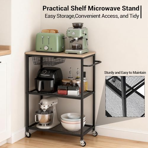 Rolling Kitchen Microwave Cart, 3 Tier Microwave Table Stand with Storage, Kitchen Utility Cart on Lockable Wheels, Small Coffee Cart Shelf Rack Organizer for Kitchen Island Coffee Bar Office Black