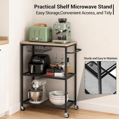 Rolling Kitchen Microwave Cart, 3 Tier Microwave Table Stand with Storage, Kitchen Utility Cart on Lockable Wheels, Small Coffee Cart Shelf Rack Organizer for Kitchen Island Coffee Bar Office Black