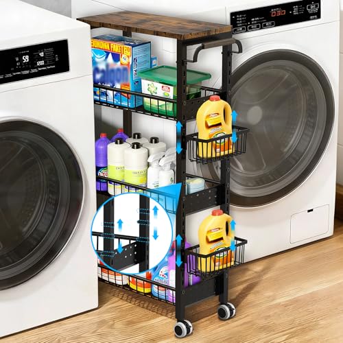 7.8 Inch Ultra-Slim 4-Tier Rolling Storage Cart with Adjustable Shelves - Lockable Wheels & Wooden Top for Narrow Spaces Between Washer/Dryer, Bathroom, Kitchen Organization (Black) - color: Black