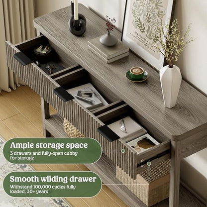 Fluted Console Table, 51 Inch Entryway Table with 3 Drawers | Scandi farmhouse look with quiet full-extension slides, open lower shelf, profile for hallway, entry, foyer or behind sofa. - color: Dark Gray