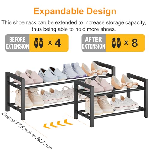 Expandable Metal Shoe Rack for Closet & Entryway, Shoe Storage Organizer | 2 Tier • Adjustable Width • Holds 6–9 Pairs • Heavy-Duty Steel • Space-Saving Design • Easy Assembly - size: 2 Tiers