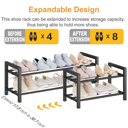 Expandable Metal Shoe Rack for Closet & Entryway, Shoe Storage Organizer | 2 Tier • Adjustable Width • Holds 6–9 Pairs • Heavy-Duty Steel • Space-Saving Design • Easy Assembly - size: 2 Tiers