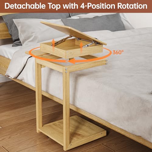 OtterOasis C Shaped End Table for Couch Rolling Side with Wheels Oak | Wood, Desk Tv Tables, with Folding Desktop, Lockable Wheel, with Hidden Storage, for Living Room, Bedroom - color: Oak