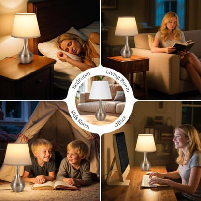 Seealle Touch Table Lamp for Bedroom, 3-Way Dimmable Small Bedside Lamps for Night Stands with Wires, Silver Desk Lamp for Kids Room, Office, Living Room, End Table(LED Bulb Included) - color: G. White Shade & Silver Base