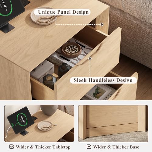 YANSNWO Natura Oak Nightstand Set of 2 with Charging Station, 23.6" Modern Bedside Table with Thickened Frame & Unique Panel, Mid Century Wood End Table for Bedroom, Living Room - color: Natural Oak, size: 15.6"D x 23.6"W x 23.6"H (2 Drawers/2 Piece)