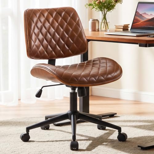 Furnimart Armless Small Desk Chair with Wheels, 360° Swivel Faux Leather Vanity Chair for Bedroom, Compact Home Office Task Chair for Small Spaces, Heavy-Duty Wood Frame(PU Brown) - color: Faux Leather-brown