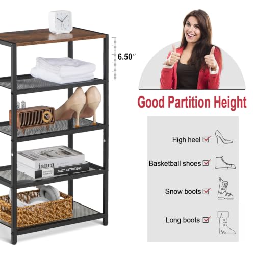 5 Tier Narrow Shoe Rack Shelf for Front Door Entrance, Entryway, and Closet Shoe Organizer with 4 Sturdy Metal Mesh Shelves and Wooden Top, Holds 10 Pairs, Ideal for Shoe Storage or Display - size: 17"D x 10.24"W x 30.7"H